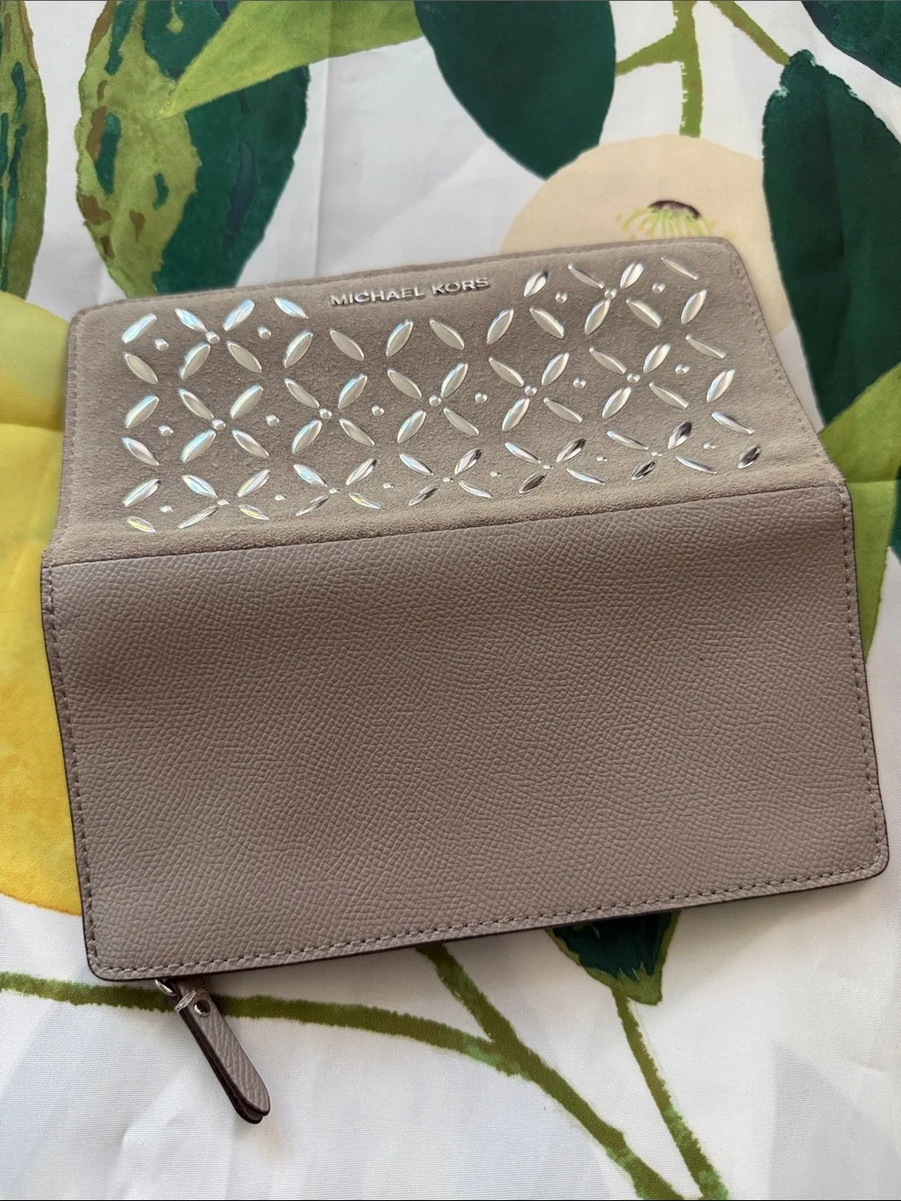 Michael Kors Taupe Suede Zip Wallet with Silver Stud Accents
